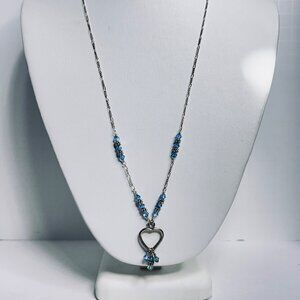 Sterling Silver Figaro Chain Necklace W/Blue Crystal Beads & Heart Pendant (5820